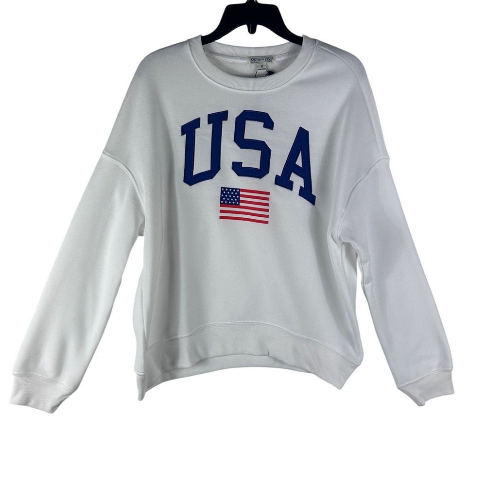 Mighty Fine USA Graphic Sweatshirt Womens Small White American Flag Crewneck NEW